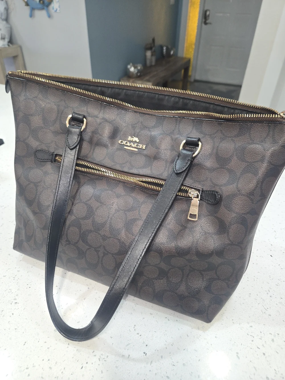 Coach Brown Signature Tote with Black Straps - Picture 1 of 8